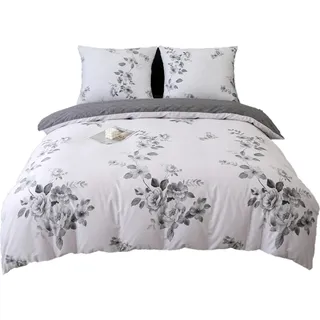 Satin Bettwäsche 160x200cm Blumen Graphit Schwarz und Weiß