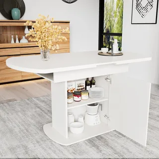 Merax Esstisch Holz, Ausziehbar Esszimmertisch mit Stauraum, Ovaler Küchentisch für Wohnzimmer und Esszimmer, 110/130L x 70B x 75H cm, Weiß