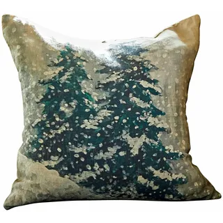 Loberon Kissenhülle Mierta, stimmungsvolles Winter-Motiv, handgefertigt, weihnachtliche Textilien, Weihnachtsstimmung, Weihnachtsdeko, Weihnachten, Leinen, beige/grün