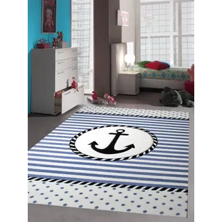 Kinderteppich Maritim Kinderzimmerteppich Jungen Teppich mit Anker in Blau Creme Größe 200 x 290 cm