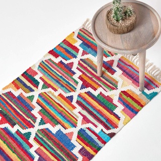 Homescapes Kelim-Teppichläufer Amsterdam, handgewebt aus Baumwolle, 66 x 200 cm, bunter Baumwollteppich mit geometrischem Muster und Fransen