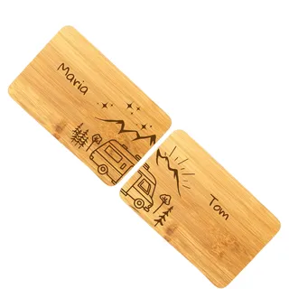 GRAVURITE - Camper Frühstücksbrett Set, Geschenk, Camping Brettchen, Brotzeitbrett, Camping Gadget Geschenk, Personalisiertes Geschenk, Frühstücksbrettchen Gravur, Geschenkidee, Bambus 22x14cm