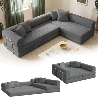 skølm Lofn Ecksofa 4-Sitzer 300 cm, Cord Dunkelgrau, L-Form, mit 4 Kissen | modulares Klappsofa, ausklappbar zum Schlafsofa/Bodensofa, Vollschaumcouch mit Stahlgestell, vakuumverpackt, Wohnlandschaft