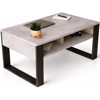 Meble Pitus Couchtisch Betonoptik ST7 – Moderner Wohnzimmertisch mit Stauraum – Beistelltisch Couch Grau mit Schwarzen Beinen für Sofa und Wohnzimmer – Couchtisch Beton Modern, Sofatisch