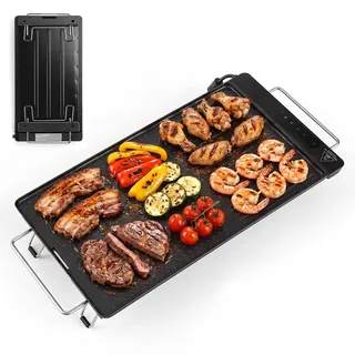LIFEZEAL Elektrischer Tischgrill 1300 W, Grill mit Antihaftbeschichtung | Grillplatte mit klappbaren Füßen, LED-Touchpanel, BBQ Grill mit Griffen, Teppanyaki Grill für Picknick, Barbecue