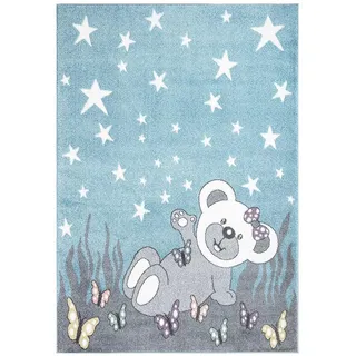 Carpet City Teppich Kinderzimmer Teddy-Bär - Blau, Grau - 160x230 cm, - Kinderteppich Kurzflor mit Sternen, Schmetterlingen - Weicher Flor