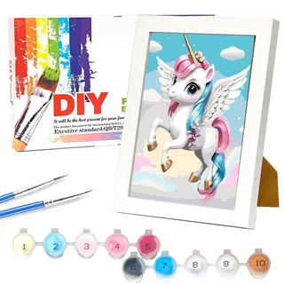 Nilnewuh Einhorn Malen Nach Zahlen mit Holzrahmen für Kinder ab 6 Jahre, Junior und Erwachsene Anfänger, 18x24cm Klein DIY Gemälde Bastelset, Painting Kit mit Leinwand Pinseln Acrylfarben für Mädchen