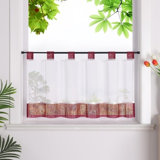 HeichkelL Scheibengardine mit Schlaufen Leinenoptik Gardine Halbtransparent Bistrogardine Landhausstil Kurzstores Rot HxB 90x90cm