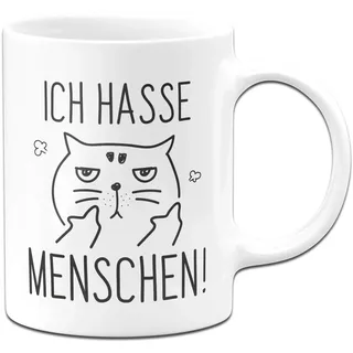 Tassenbrennerei Tasse Ich hasse Menschen Tassen mit Spruch Katze lustig - Spülmaschienenfest (Weiß)