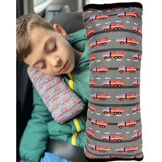 HECKBO Auto Schlafkissen für Kinder Mädchen Jungen - Autos Feuerwehr Polizei Traktor - maschinenwaschbar - Auto Gurtkissen, Gurtschoner, Gurtschutz Sitzerhöhung, Auto Kissen, Reisekissen, Urlaub