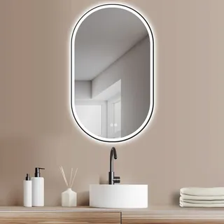 Hoko Badspiegel LED Antibeschlag Wandspiegel Oval 45x75cm mit Aluminium-Rahmen+LED Wechsel Warmweiß-Kaltweiß-tral 2700-6500K.Touch Schalter.Ravenna / Schwarz