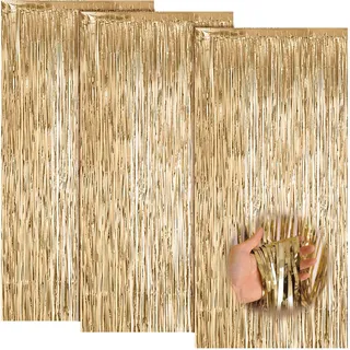 3 Stück Champagnerfarbene Lametta Vorhänge, 2M x 1M Glitzer Vorhang | Funkeln Vorhängen Dekoration- Metallische Folie Fransen Vorhang fur Party Deko Geburtstagsdeko Hochzeit Festivals Bühnendekor
