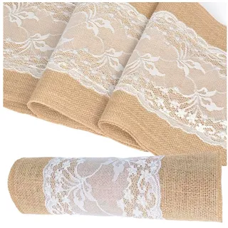 FOUORTUNATE-BEE Tischläufer 2 Stück Jute-Tischläufer, Vintage-Tischläufer mit Spitze (für Hochzeit, Feste, Partys, Veranstaltungen und Tischdekoration 2-tlg)