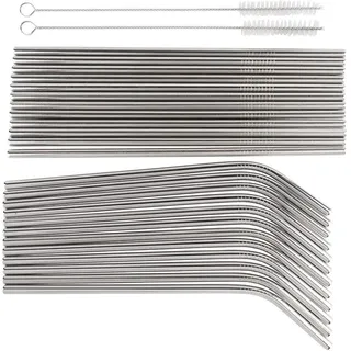 Ideen mit Herz Edelstahl Strohhalme | 24 Trinkhalme + 2 Reinigungsbürsten | Trinkröhrchen Ø0,6 cm | 20,5 cm lang | 12x gerade & 12x gebogen | wiederverwendbar | Metall-Strohhalm-Set