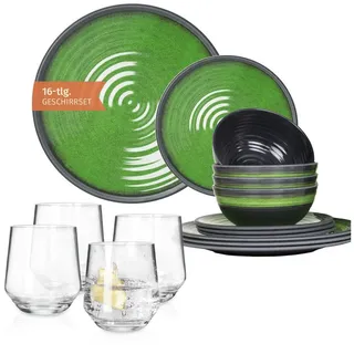Moritz Geschirr-Set Camping Geschirr Stone Green + Milano Wassergläsern