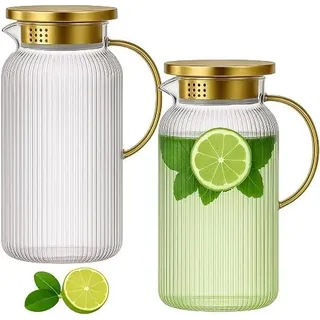 2er-Set Wasserkrüge mit abnehmbarem Deckel, 2 L für heiße & kalte Getränke | klare Glas-Karaffe/Wasserkaraffe aus Borosilikatglas für Kühlschrank – für Tee, Kaffee, Limonade, Milch & Saft