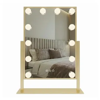 wohnwerk.idee Kosmetikspiegel Schminkspiegel mit Beleuchtung Spiegel Standspiegel, Gold oder Weiß, 5-fach Vergrößerung, LED Beleuchtung in drei Farben, Touch-Steuerung rechteckig 30x40cm