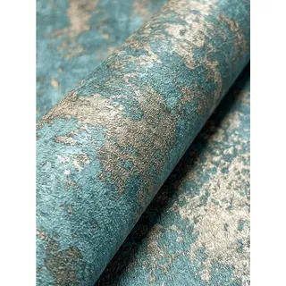Newroom Vliestapete Fadis Turquoise Tapete Betontapete Beton,Zement,Putz, Türkis Tapete Industrial Beton - Glanz Glamour Blau Gold Loft Modern Zement Putz für Büro Diele/Flur Schlafen, Glanz blau