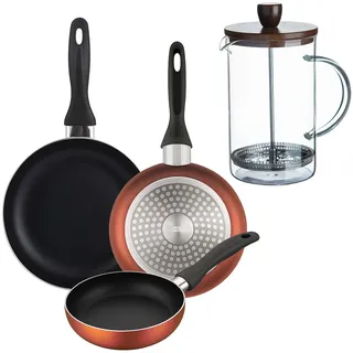 BERGNER - Set aus 3 Pfannen Ø16/20/24cm aus gepresstem Aluminium in metallic-copper mit Stempel-Kaffeemaschine aus Borosilikatglas 15,8×10×18,8 cm