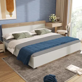 Merax Holzbett Doppelbett Schwebebett 160x200 cm mit Lattenrost & Kopfteil – Bettgestell in Eiche Sonoma/Weiß – Modernes Design ohne Matratze