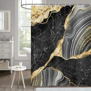 Hnmdmyi Duschvorhang Marmor Optik 180x200, Schwarz und Gold Glitzer Duschvorhänge Abstrakt Riss Tinte Textur Moderne Luxus Kunst Badewanne Vorhang Wasserdicht Polyester Stoff Waschbar Badevorhang