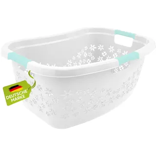 homesti ergonomischer Wäschekorb weiß, 50 Liter Wäschekorb mit Soft-Touch-Griffen in Aquamarin, Korb mit seitlichem Griff für festen Halt