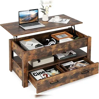 COSTWAY Höhenverstellbarer Couchtisch, Sofatisch, Beistelltisch mit Stauraum, Sofatisch aus Holz, Couchtisch, Teetisch
