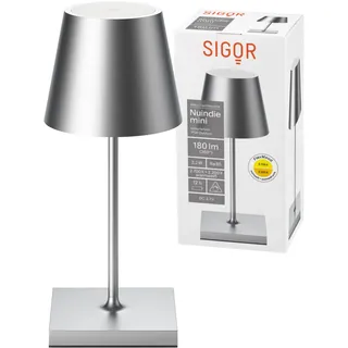 SIGOR Nuindie mini - Dimmbare kleine LED Akku-Tischlampe Indoor & Outdoor, Höhe 25 cm, aufladbar mit Easy Connect, 12 h Leuchtdauer, silberfarben