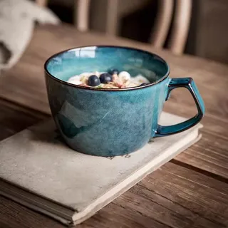 Cteahrow Große Suppenschüssel mit Griff, 700 ml Kaffeebecher, Müsli-Frühstückstasse, geeignet für Milchdesserts, Haferflocken, mikrowellengeeignet (blau)