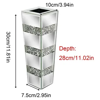 Spiegelvase mit Crush-Diamant - Dekorative Glas Tischvase Modell C Desktop - Moderne Kristall Bodenvase für Pampasgras und Kunstblumen - Silber