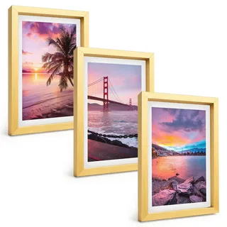 BILDER SET 3er Set - 20x30 cm Goldrahmen - Sonnenuntergangsbrücke Landschaft