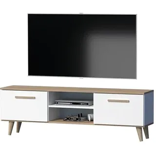 GERMAN TV-Schrank, Lowboard 160 cm, Skandinavisches Design, Weiß/Eiche, TV-Möbel für Fernseher bis 70 Zoll, mit Türen und Regalfächern