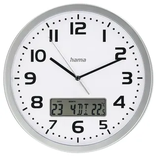 Hama Funkwanduhr Moorea (DCF Funkuhr, Digitale Anzeige von Datum u. Temperatur, Zeitzone einstellbar, Ø 30cm, großes Ziffernblatt, analoge Wanduhr, Sekundenzeiger, 7 Sprachen, inkl. Batterie) Silber