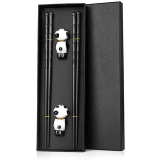 Japanische Schwarz Glasfaser EssstäBchen 2 Paars mit 2 Panda Keramik-Essstäbchen Auflagen , Sushi Stäbchen Chopsticks Wiederverwendbare EssstäBchen Waschbar FüR GeschirrspüLerc mit Geschenkbox