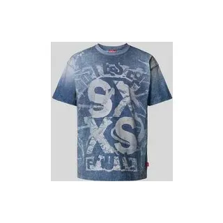 T-Shirt mit geripptem Rundhalsausschnitt, Blau, XXL