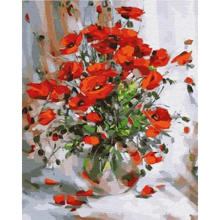Artnapi Malen nach Zahlen Erwachsene mit Rahmen | DIY Handgemalt | Blumen - Rote Mohnblumen | Kit für Anfänger und Erwachsene | Set inklusive Acrylfarben & Pinsel | 40x50cm Leinwand