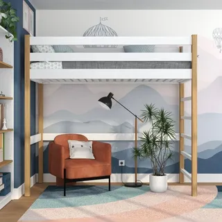 N-wood N01 Hochbett, Etagenbett 120x180 cm, aus Eichenholz, 2 Leitermontageseiten: Links oder rechts, sichere abgerundete Kanten, Stabile Massivholzkonstruktion, Hochwertige Materialien, Weißeiche