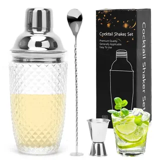 Glas Cocktail Shaker, 400ML Klarglas Cocktailshaker, Cocktailshaker Set,Barzubehör Cocktail Set Cocktailshaker Cocktail Mixer mit Messbecher Barlöffel für Zuhause Bar Shaker,Geschenk Männer (Silber)