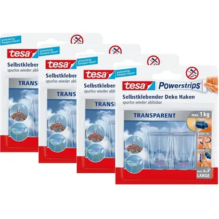 tesa Klebehaken für transparente Oberflächen und Glas (1 kg) - Durchsichtige, selbstklebende Haken - Bis zu 1 kg Halteleistung pro Haken (8x 1kg / Glas & Spiegel)