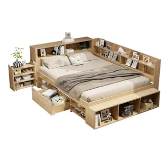 Multifunktionales Stauraumbett 140x200 cm Holzoptik mit Lattenrost Schubladen Regalen und Schrankelementen platzsparendes Funktionsbett Natürlich