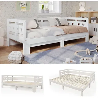 Flieks Tagesbett Ausziehbar, Schlafsofa Jugendbett 90x200cm/180x200cm, Funktionsbett Kinderbett Gästebett Massivholzbett, Naturbelassen - Weiß