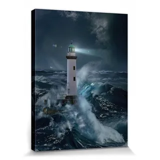 1art1 Leuchttürme Poster Leuchtturm Bei Sturm Im Mondlicht Bilder Leinwand-Bild Auf Keilrahmen | XXL-Wandbild Poster Kunstdruck Als Leinwandbild 40x30 cm