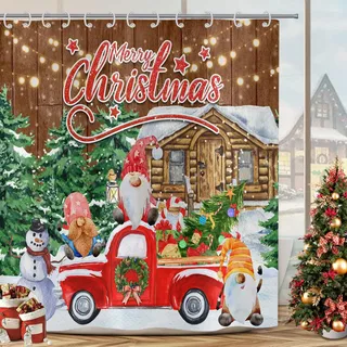 Hnmdmyi Duschvorhang Weihnachten 180x180, Niedliche GNOME Schneemann Weihnachtsbaum Rot LKW Bauernhof Winter Urlaub Badewanne Vorhang Wasserdicht Polyester Stoff Waschbar Badevorhang mit Haken