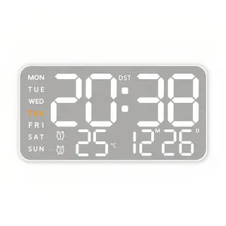 Lancoon Elektronische LED Wanduhr mit Temperatur °C/°F Schalter Gebürstetes Metall 5 Helligkeitsstufen Datum Woche 2 Alarmeinstellungen Snooze für Wohnzimmer Home