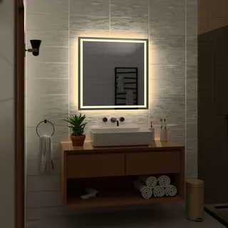 Alasta Atlanta Badezimmer Spiegel mit Beleuchtung 80x80 cm WarmWeiß LED Badspiegel Wandspiegel Badezimmerspiegel mit Beleuchtung Spiegel mit Licht Rechteckspiegel