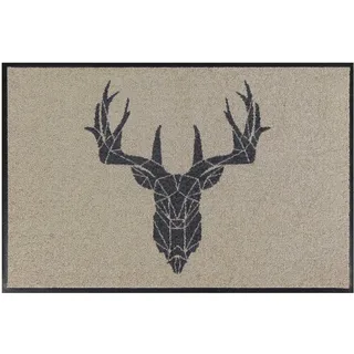 MOCAVI Mat Fußmatte Hirsch waschbar außen & innen beige 45x70cm Sauberlaufmatte Fußabtreter Motiv Country modern hochwertig