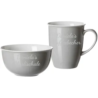 LUXENTU Frühstücks-Set Doppio mit personalisierter Gravur, Kaffeebecher (320 ml) und Müslischale (14 cm) mit 2-zeiligem Gravurbereich, Lasergravur in Silber, Porzellan, Grau