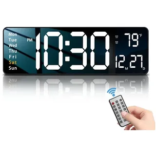 GOOLOO Wanduhr Funkwanduhr LED-Wanduhr 16-Zoll LED-Digitalwecker mit LCD-Anzeige 10 (Helligkeitsstufen mit Uhrzeit,Datum,Temperatur,Countdown,Fernbedienung) schwarz