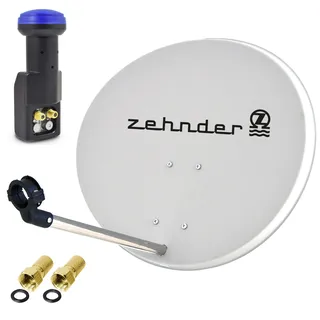 Zehnder 60cm Spiegel Schüssel Stahl + Twin LNB | 2 Teilnehmer SAT Anlage HD Digital Set hellgrau | DVB-S/S2 Full HDTV 3D 4K Ultra HD UHD Empfang