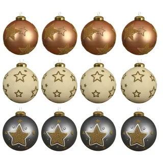 Kaemingk Weihnachtsbaumkugel, Weihnachtskugeln Glas 8cm mit Sternen Muster 12er Set beige / grau beige|grau